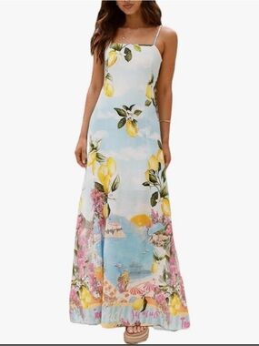 Paper Heart Lemon Print Maxi Dress Linen Blend Cutout Back Summer NWT